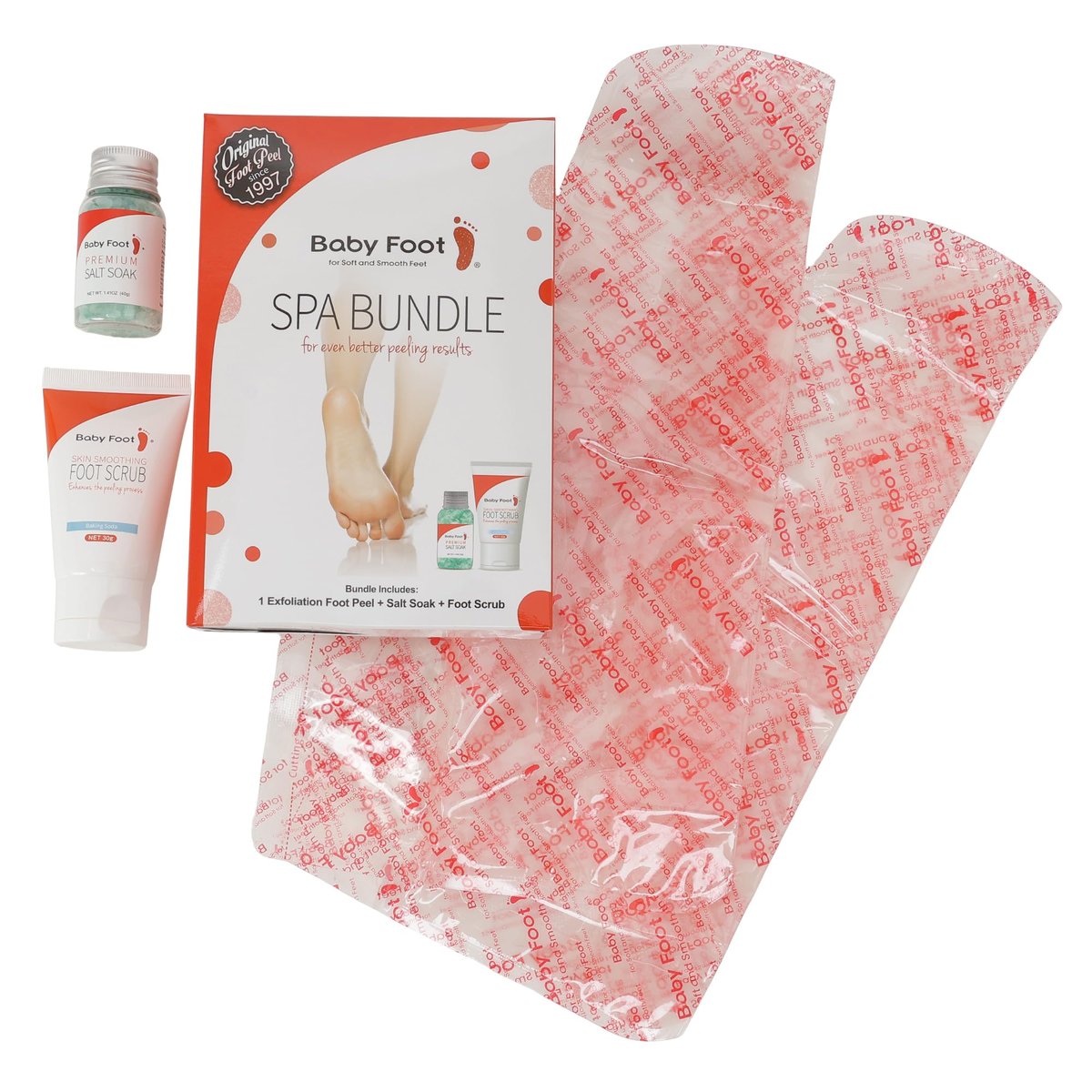 Baby Foot Spa Bundle - Original Exfoliant Foot Peel + Premium Salt Soak and Foot Scrub - Citrus Scent - Baby Soft Foot Exfoliation Set (5 Pack) Avelisse