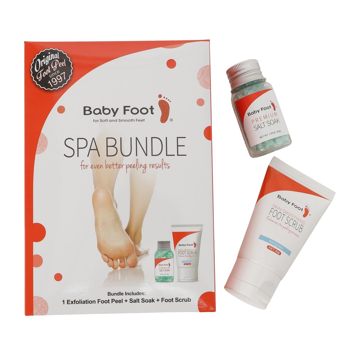 Baby Foot Spa Bundle - Original Exfoliant Foot Peel + Premium Salt Soak and Foot Scrub - Citrus Scent - Baby Soft Foot Exfoliation Set (5 Pack) Avelisse