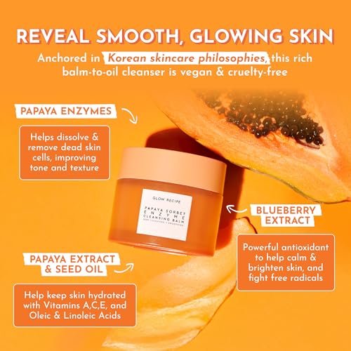 Glow Recipe Papaya Enzyme Cleansing Balm – Gentle Exfoliating Makeup Remover & Hydrating First Cleanser for Korean Double Cleanse (3.38 oz) Avelisse