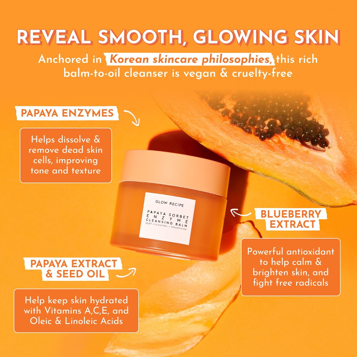 Glow Recipe Papaya Enzyme Cleansing Balm – Gentle Exfoliating Makeup Remover & Hydrating First Cleanser for Korean Double Cleanse (3.38 oz) Avelisse