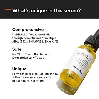 Minimalist 32% AHA BHA PHA Peeling Solution for Glowing Skin, Smooth Texture & Pore Cleansing | Weekend Facial Exfoliant Peel for Deep Pore Cleansing | For Women & Men | 1 Fl Oz / 30 ml Avelisse