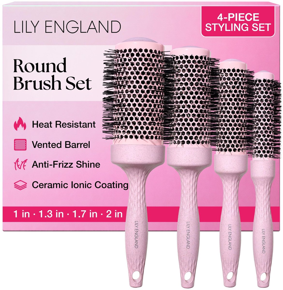 Lily England Round Blow Dry Brush Set for Women – Ceramic Ionic Volumizing Brush for Salon-Quality Blowouts (Shocking Pink, 4 Piece Set) Avelisse