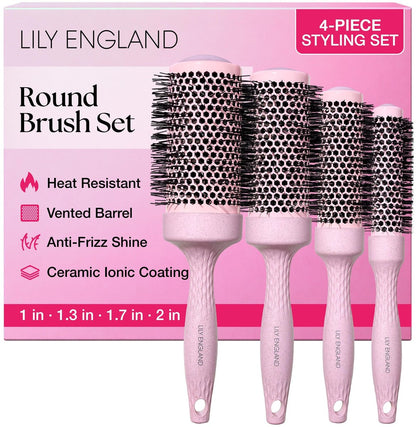 Lily England Round Blow Dry Brush Set for Women – Ceramic Ionic Volumizing Brush for Salon-Quality Blowouts (Shocking Pink, 4 Piece Set) Avelisse