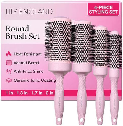 Lily England Round Blow Dry Brush Set for Women – Ceramic Ionic Volumizing Brush for Salon-Quality Blowouts (Shocking Pink, 4 Piece Set) Avelisse