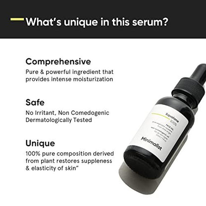 Minimalist Squalane 100% Plant Derived Face Oil – Deep Hydration, Reduces Fine Lines, Restores Skin Elasticity (1 Fl Oz / 30 ml)