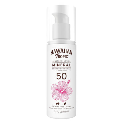 Hawaiian Tropic Skin Nourishing Milk Mineral Sunscreen Lotion SPF 50, Travel Size 3.4 Fl Oz | Zinc Oxide Sunblock, Oxybenzone Free