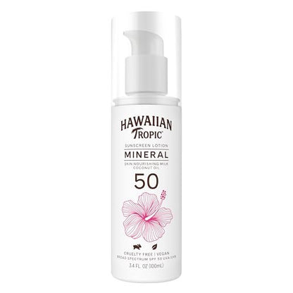 Hawaiian Tropic Skin Nourishing Milk Mineral Sunscreen Lotion SPF 50, Travel Size 3.4 Fl Oz | Zinc Oxide Sunblock, Oxybenzone Free