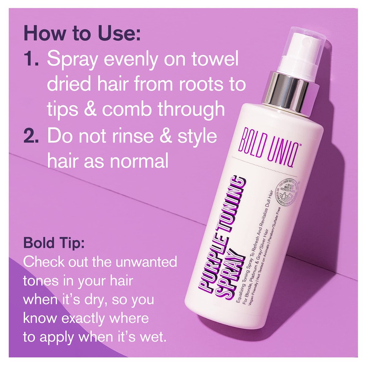 BOLD UNIQ Blonde Toner Spray - Purple Leave In Toning Hair Treatment for Blonde, Platinum & Gray/Silver Hair, 5.9 Fl Oz Avelisse