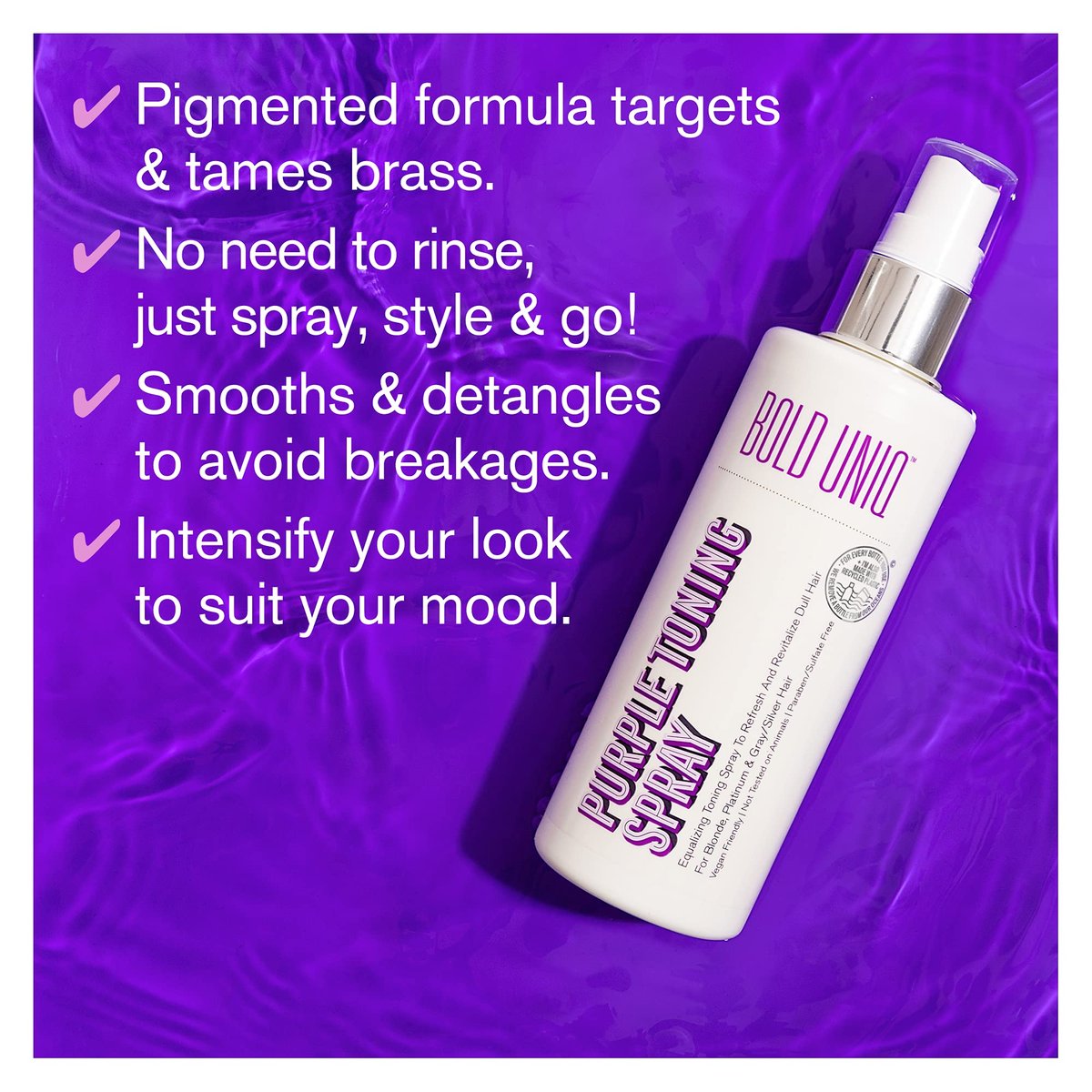 BOLD UNIQ Blonde Toner Spray - Purple Leave In Toning Hair Treatment for Blonde, Platinum & Gray/Silver Hair, 5.9 Fl Oz Avelisse