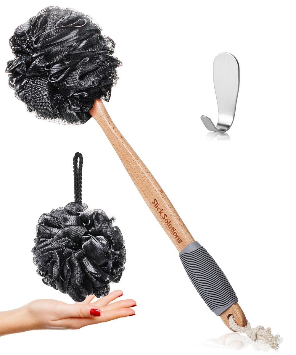 Slick Solutions Loofah with Handle - 17 Inch Long Wooden Handle Back Scrubber for Shower, Gray - görsel 1