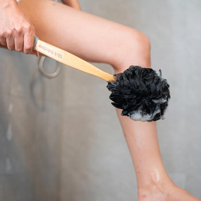 Slick Solutions Loofah with Handle - 17 Inch Long Wooden Handle Back Scrubber for Shower, Gray