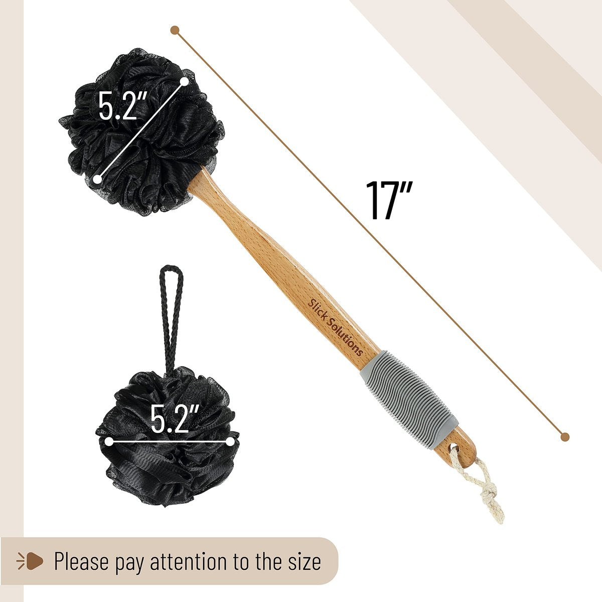 Slick Solutions Loofah with Handle - 17 Inch Long Wooden Handle Back Scrubber for Shower, Gray - görsel 5