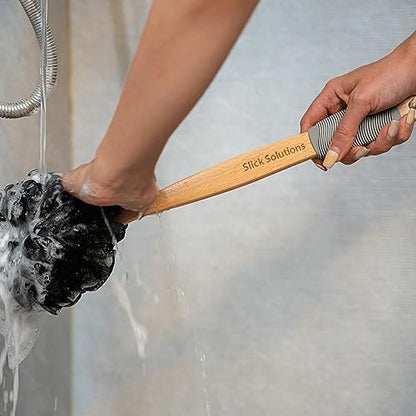 Slick Solutions Loofah with Handle - 17 Inch Long Wooden Handle Back Scrubber for Shower, Gray