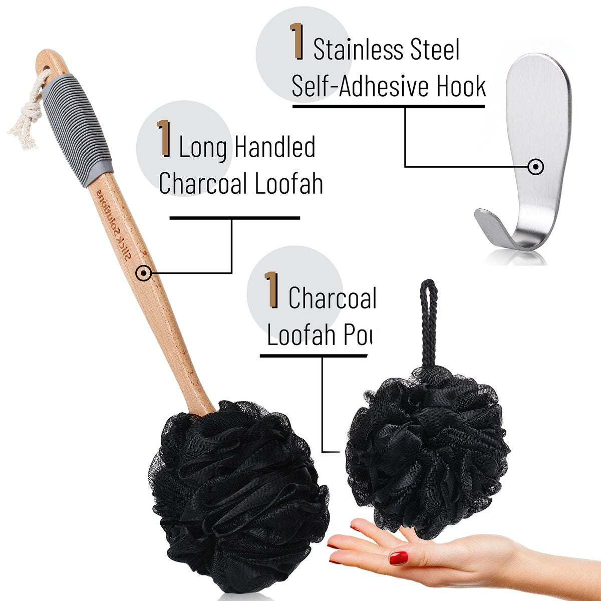 Slick Solutions Loofah with Handle - 17 Inch Long Wooden Handle Back Scrubber for Shower, Gray - görsel 3