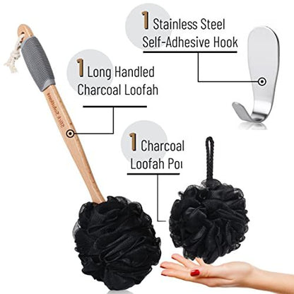 Slick Solutions Loofah with Handle - 17 Inch Long Wooden Handle Back Scrubber for Shower, Gray