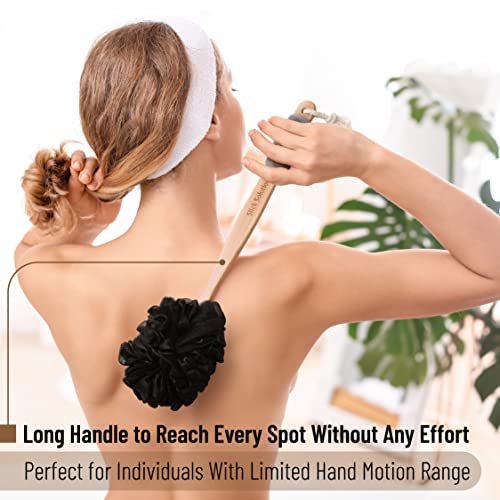 Slick Solutions Loofah with Handle - 17 Inch Long Wooden Handle Back Scrubber for Shower, Gray - görsel 14