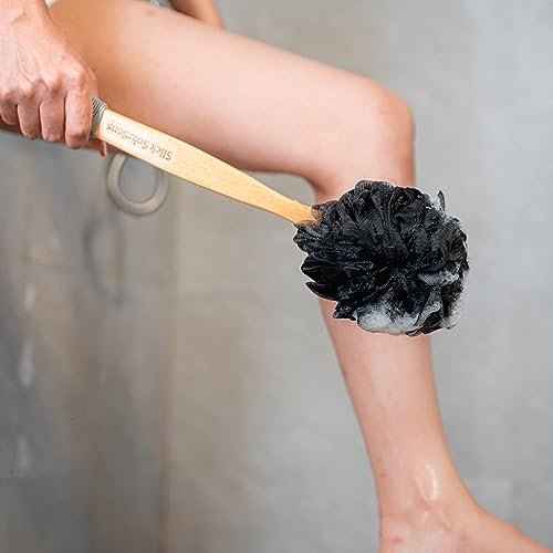 Slick Solutions Loofah with Handle - 17 Inch Long Wooden Handle Back Scrubber for Shower, Gray - görsel 18