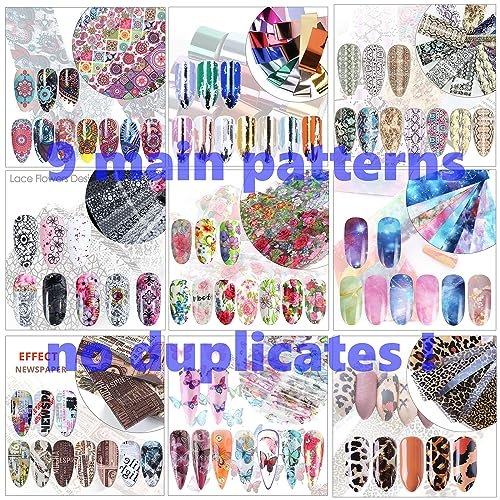 100 Sheets Nail Foil Transfer Sticker Kit - Starry Sky, Laser Flower, Leopard Print Decals - DIY Nail Art Decorations Supplies Avelisse