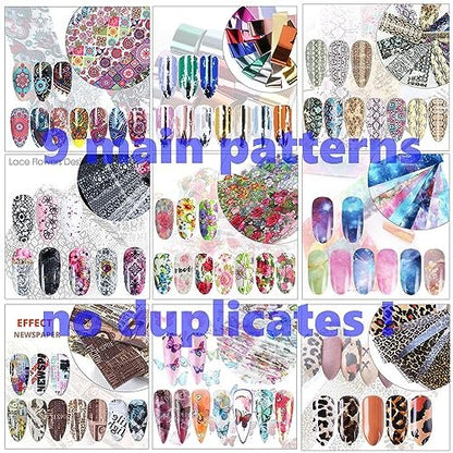 100 Sheets Nail Foil Transfer Sticker Kit - Starry Sky, Laser Flower, Leopard Print Decals - DIY Nail Art Decorations Supplies Avelisse