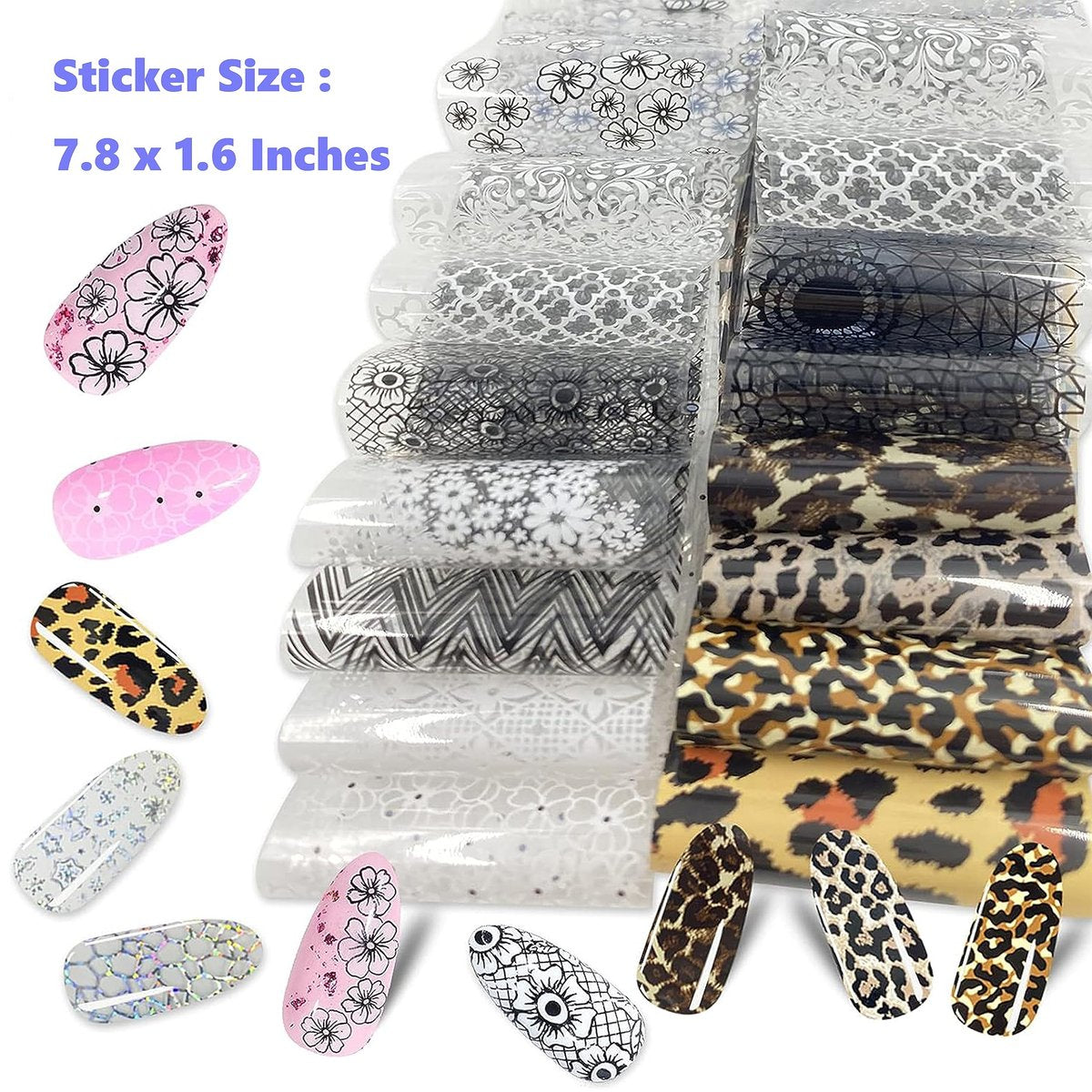 100 Sheets Nail Foil Transfer Sticker Kit - Starry Sky, Laser Flower, Leopard Print Decals - DIY Nail Art Decorations Supplies Avelisse