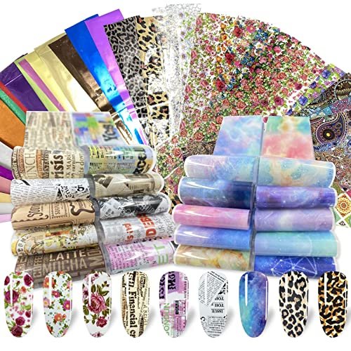 100 Sheets Nail Foil Transfer Sticker Kit - Starry Sky, Laser Flower, Leopard Print Decals - DIY Nail Art Decorations Supplies Avelisse