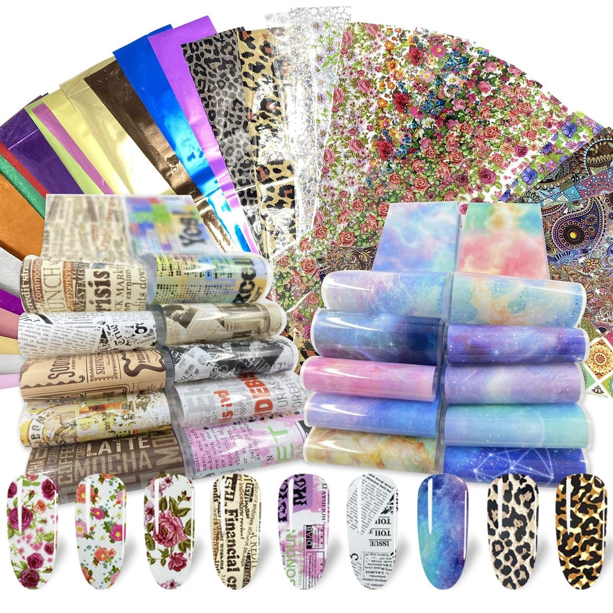 100 Sheets Nail Foil Transfer Sticker Kit - Starry Sky, Laser Flower, Leopard Print Decals - DIY Nail Art Decorations Supplies Avelisse