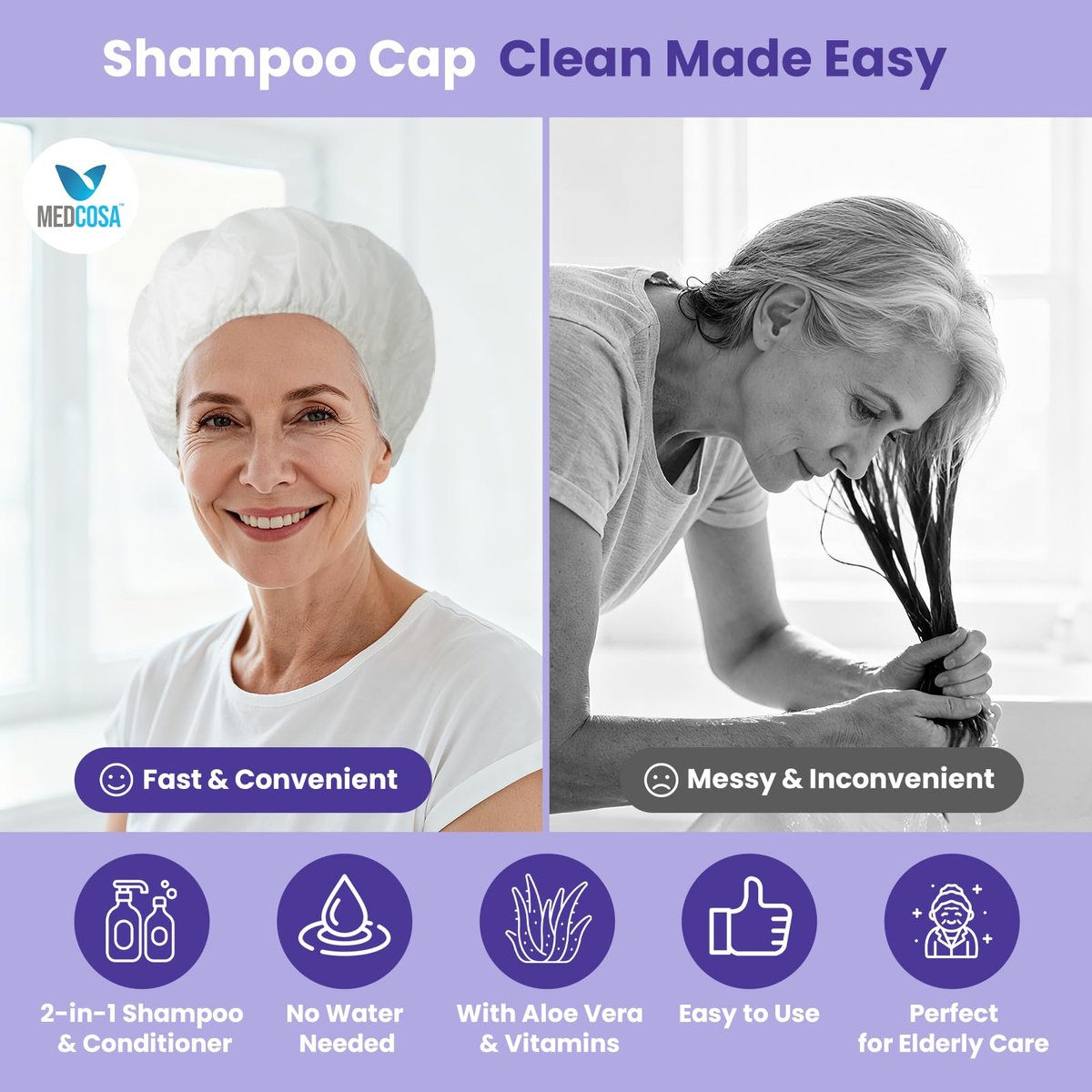 Medcosa No Rinse Shampoo Caps for Bedridden Patients – 5-Pack with Aloe, Vitamin E & Chamomile - görsel 4