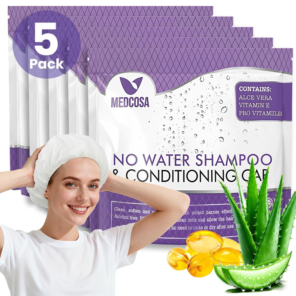 Medcosa No Rinse Shampoo Caps for Bedridden Patients – 5-Pack with Aloe, Vitamin E & Chamomile - görsel 2