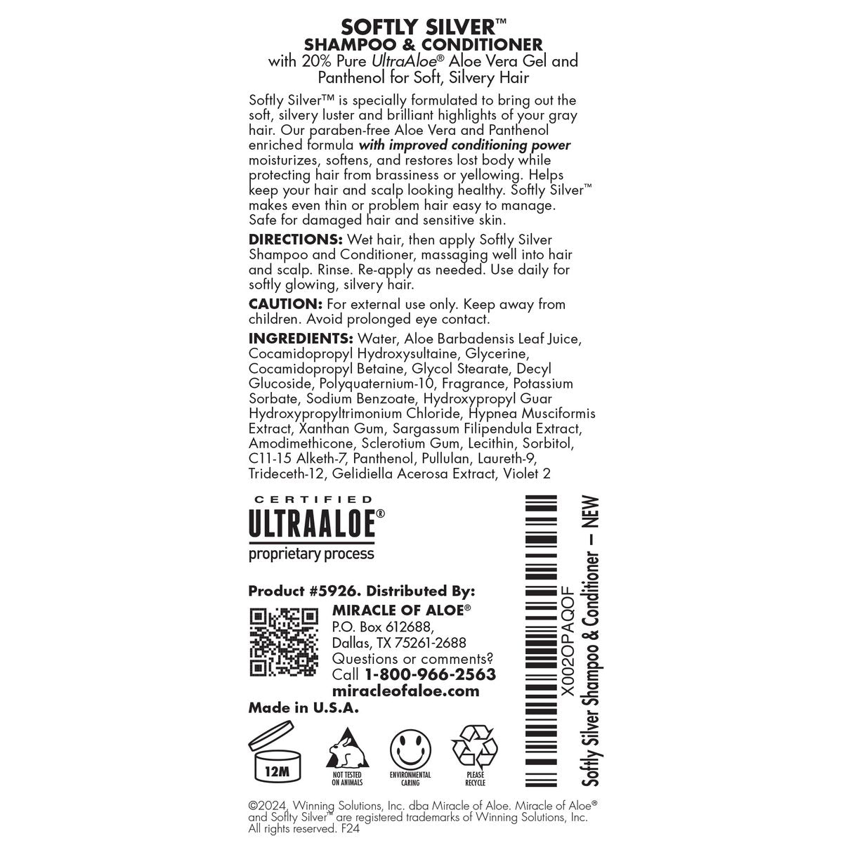 Softly Silver Shampoo Improved Conditioning Formula for Gray Hair - 2 in 1 Purple Restorative Hair Wash for Mature Hair with Panthenol and 20% Pure UltraAloe (8 Fl Oz) Avelisse