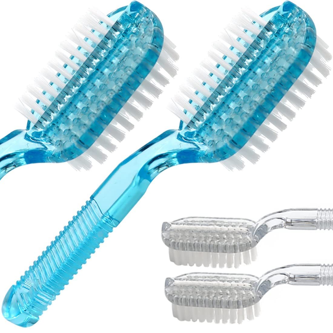 4-Pack Two-Sided Nail Cleaning Brush with Handle - Soft & Stiff Bristles for Hand, Foot, and Fingernail Scrubbing - Blue White Avelisse