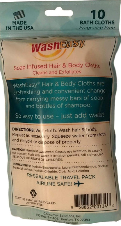 WASHEASY No Scent Hunting Wipes - Soap Infused Hair and Body Cloths, 10 Pack, Camping, RV, College, Home, Anywhere Use