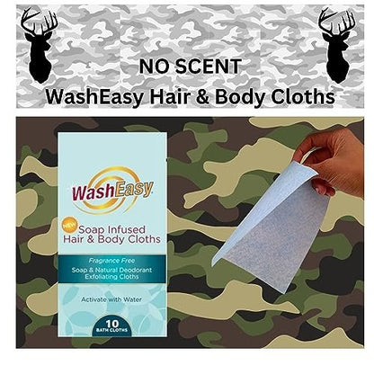 WASHEASY No Scent Hunting Wipes - Soap Infused Hair and Body Cloths, 10 Pack, Camping, RV, College, Home, Anywhere Use