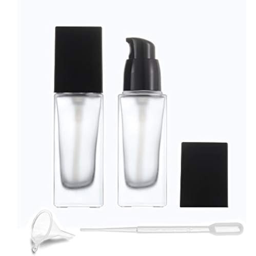 Frosted Glass Foundation Bottles 2 Pack - 30ml/1oz Empty Refillable Square Lotion Bottles with Press Pump for Travel, Skincare, and Cosmetics - Includes Pipette & Funnel Avelisse
