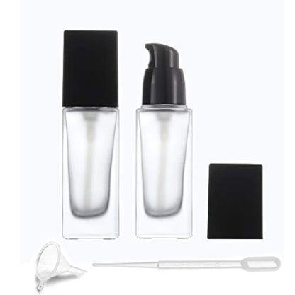 Frosted Glass Foundation Bottles 2 Pack - 30ml/1oz Empty Refillable Square Lotion Bottles with Press Pump for Travel, Skincare, and Cosmetics - Includes Pipette & Funnel Avelisse