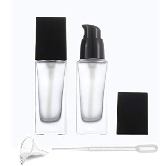 Frosted Glass Foundation Bottles 2 Pack - 30ml/1oz Empty Refillable Square Lotion Bottles with Press Pump for Travel, Skincare, and Cosmetics - Includes Pipette & Funnel Avelisse