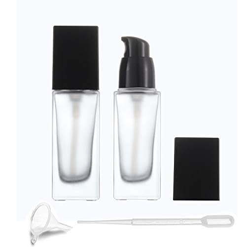 Frosted Glass Foundation Bottles 2 Pack - 30ml/1oz Empty Refillable Square Lotion Bottles with Press Pump for Travel, Skincare, and Cosmetics - Includes Pipette & Funnel Avelisse