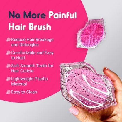 K&Di Pink Glitter Lip Shaped Travel Hair Brush – Detangling Mini Comb for Women & Kids, No Pain Portable Hairbrush for All Hair Types