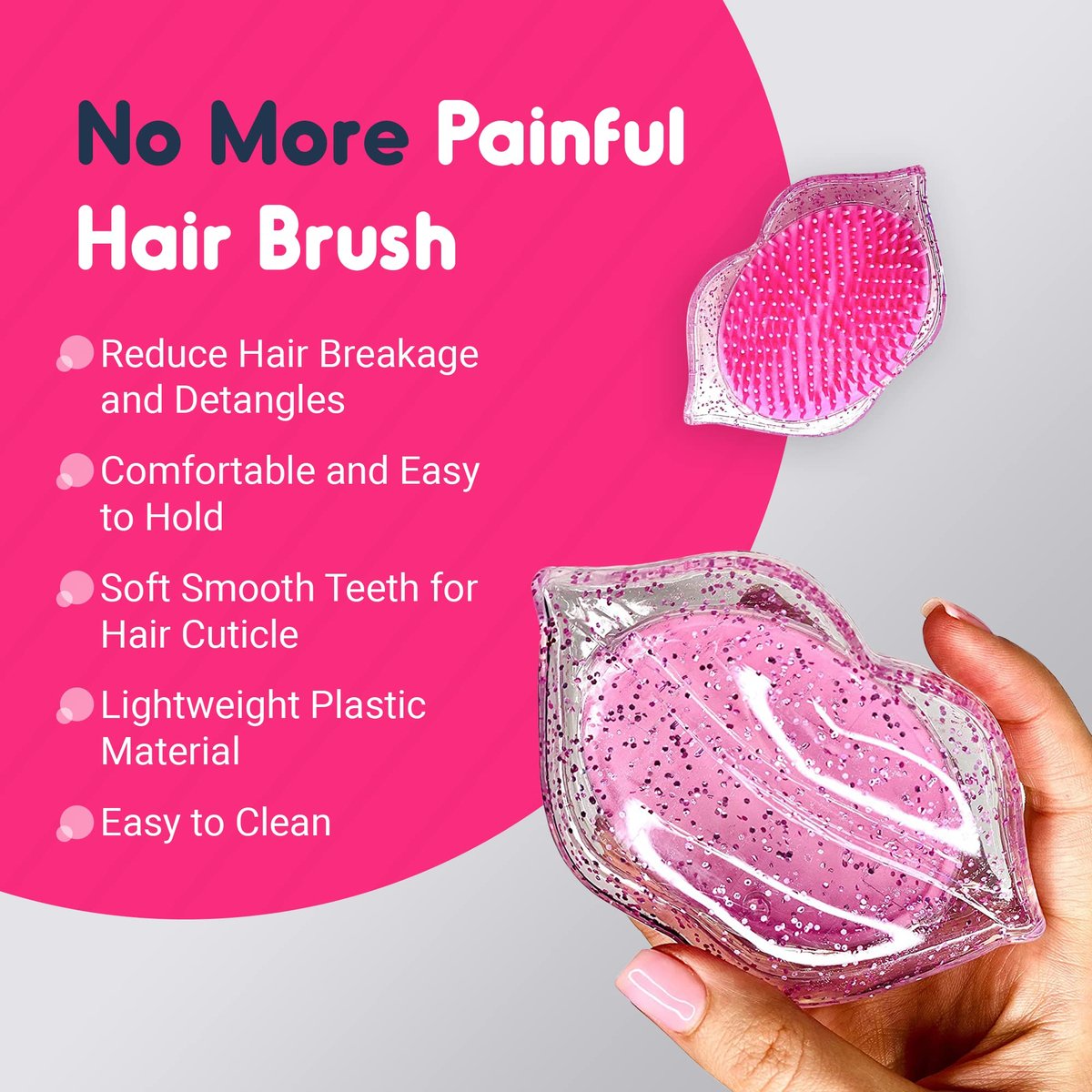 K&Di Pink Glitter Lip Shaped Travel Hair Brush – Detangling Mini Comb for Women & Kids, No Pain Portable Hairbrush for All Hair Types - görsel 9