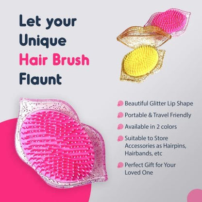 K&Di Pink Glitter Lip Shaped Travel Hair Brush – Detangling Mini Comb for Women & Kids, No Pain Portable Hairbrush for All Hair Types