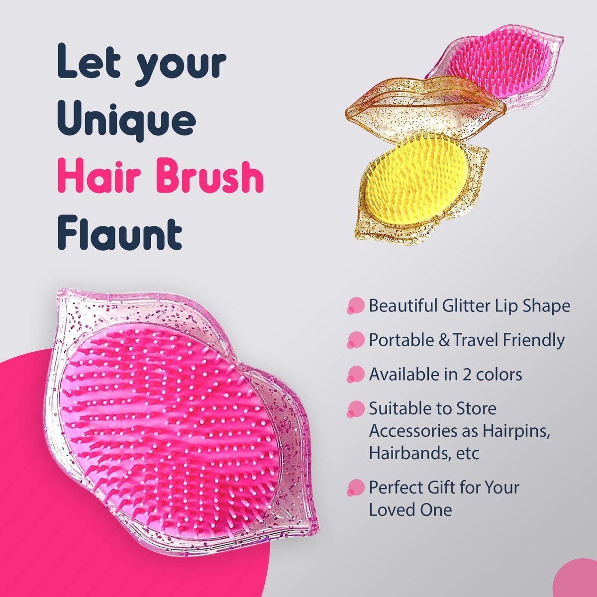 K&Di Pink Glitter Lip Shaped Travel Hair Brush – Detangling Mini Comb for Women & Kids, No Pain Portable Hairbrush for All Hair Types - görsel 5