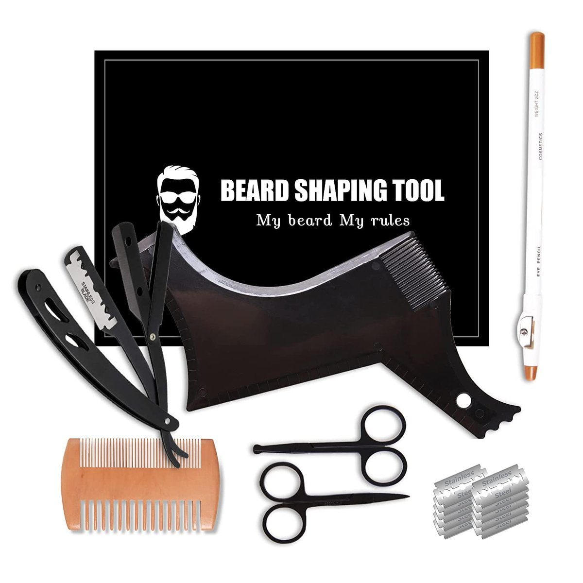 Beard Shaper Kit - Professional Beard Shaping Tools with Template Guide, Straight Edge Razor, Double Edge Blades, Barber Pencil, Comb, and Scissors (16 Piece Set) Avelisse