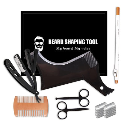 Beard Shaper Kit - Professional Beard Shaping Tools with Template Guide, Straight Edge Razor, Double Edge Blades, Barber Pencil, Comb, and Scissors (16 Piece Set) Avelisse