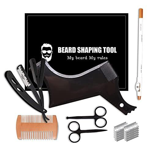 Beard Shaper Kit - Professional Beard Shaping Tools with Template Guide, Straight Edge Razor, Double Edge Blades, Barber Pencil, Comb, and Scissors (16 Piece Set) Avelisse