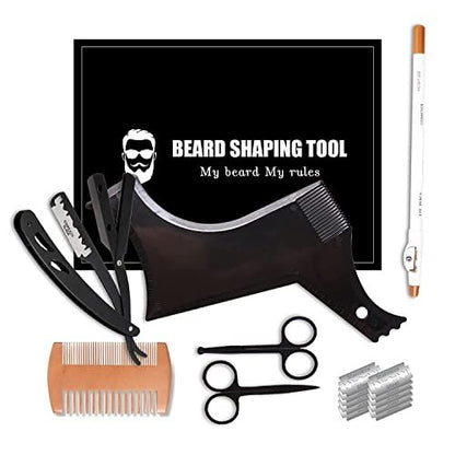 Beard Shaper Kit - Professional Beard Shaping Tools with Template Guide, Straight Edge Razor, Double Edge Blades, Barber Pencil, Comb, and Scissors (16 Piece Set) Avelisse