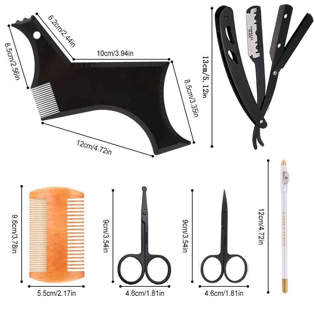Beard Shaper Kit - Professional Beard Shaping Tools with Template Guide, Straight Edge Razor, Double Edge Blades, Barber Pencil, Comb, and Scissors (16 Piece Set) Avelisse