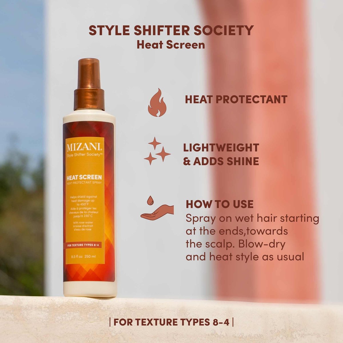 Mizani Style Shifter Society Heat Screen Heat Protectant Spray - Anti-Frizz & Glossy Shiny Finish for Textured, Curly, and Coily Hair Avelisse