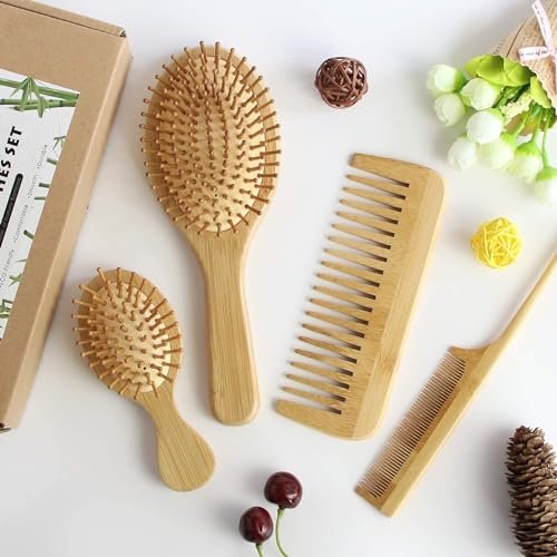 MRD Natural Bamboo Hair Brush Set - Eco-Friendly Detangling Comb for Women, Men, and Kids - Includes Paddle Brush, Wide-Tooth Comb, and Tail Comb for Thick, Thin, Curly, or Dry Hair - görsel 16