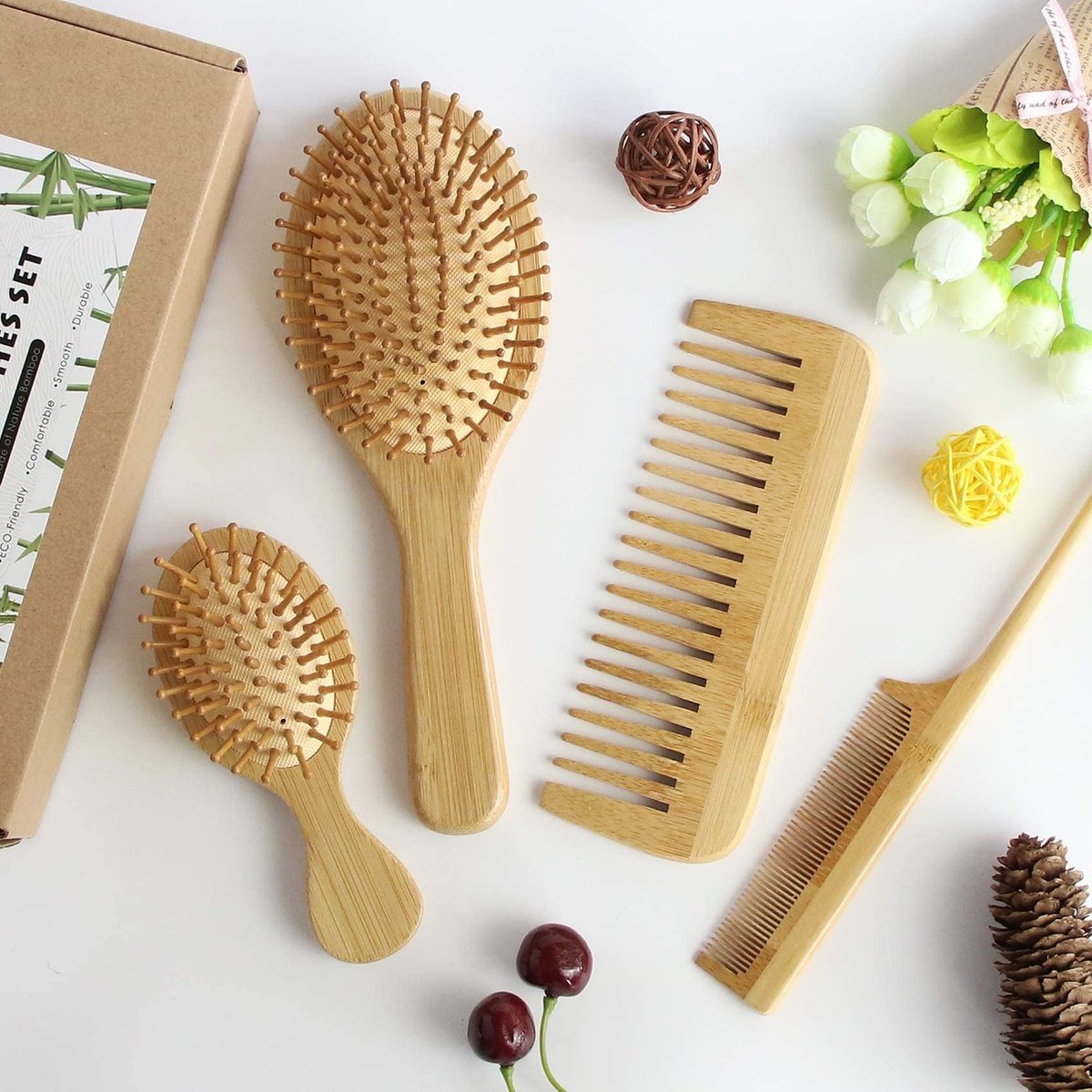 MRD Natural Bamboo Hair Brush Set - Eco-Friendly Detangling Comb for Women, Men, and Kids - Includes Paddle Brush, Wide-Tooth Comb, and Tail Comb for Thick, Thin, Curly, or Dry Hair - görsel 15