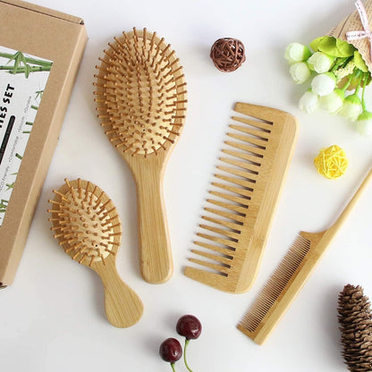 MRD Natural Bamboo Hair Brush Set - Eco-Friendly Detangling Comb for Women, Men, and Kids - Includes Paddle Brush, Wide-Tooth Comb, and Tail Comb for Thick, Thin, Curly, or Dry Hair