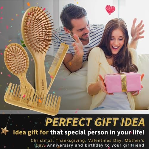 MRD Natural Bamboo Hair Brush Set - Eco-Friendly Detangling Comb for Women, Men, and Kids - Includes Paddle Brush, Wide-Tooth Comb, and Tail Comb for Thick, Thin, Curly, or Dry Hair - görsel 14